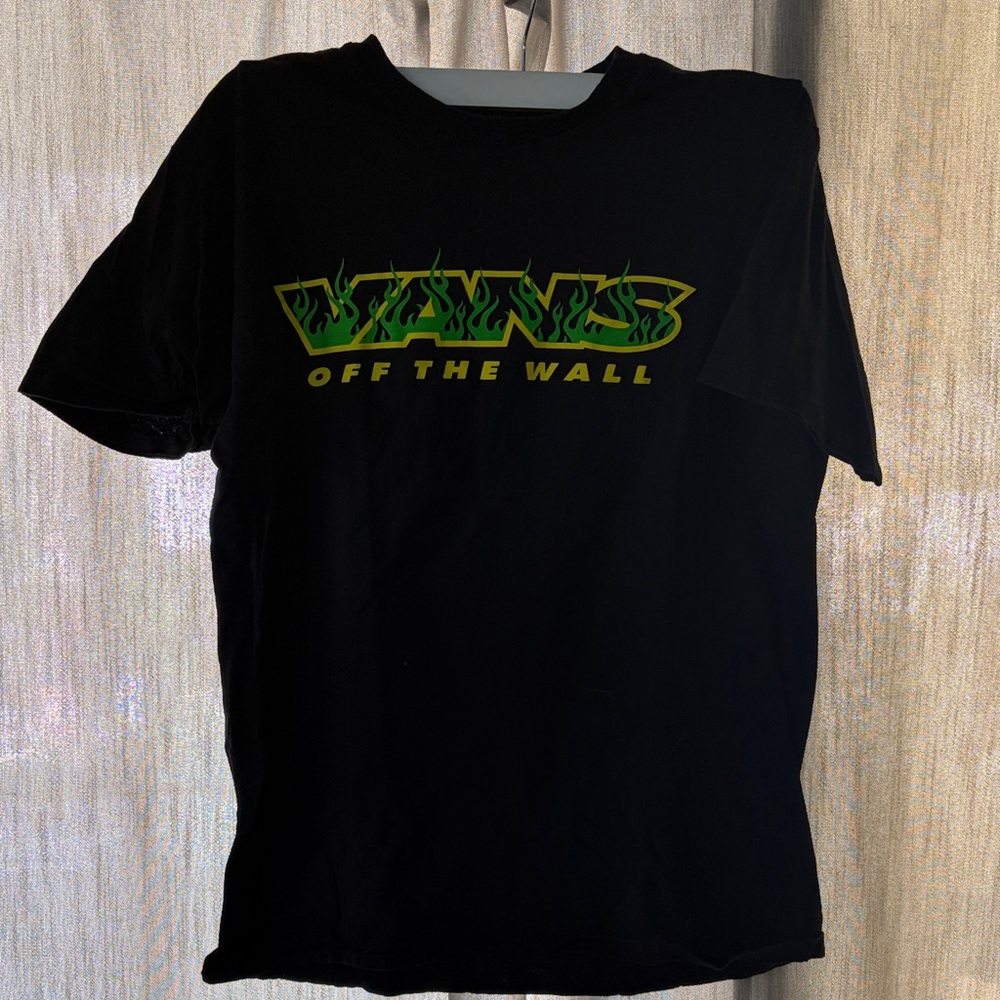 Vans Black Tee with Green and Yellow Flame Graphic